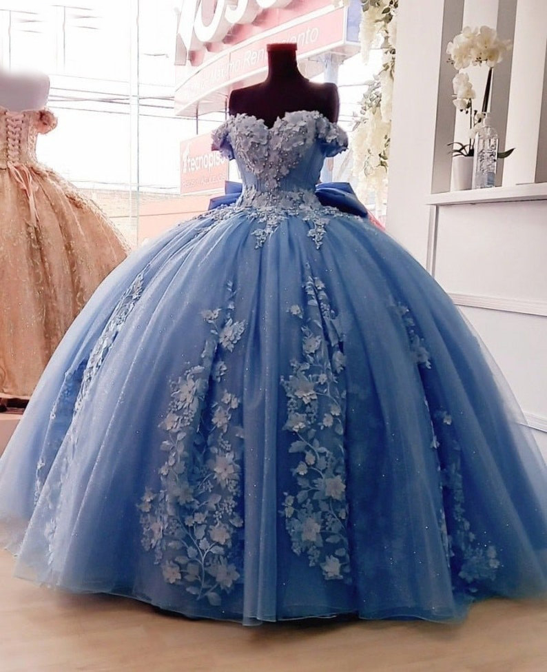 Off Shoulder Dust Blue Glitter Tulle Skirt Quinceanera Dress 3D Flowers and Lace - Click Image to Close