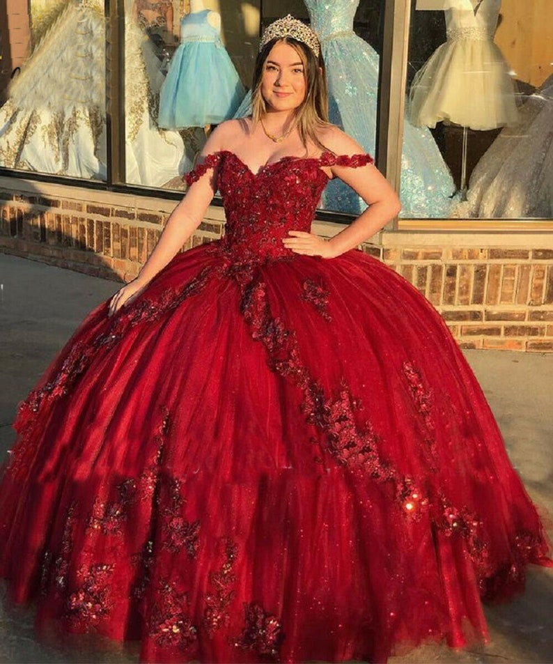 Wine Red 3D Flowers Glitter Tulle Quinceanera Dress Online High Quality - Click Image to Close