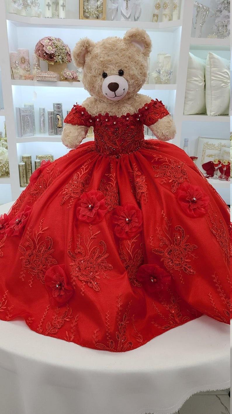 Off Shoulder Red Bear Quinceanera Dress Doll Dresses With 3D Flowers - Click Image to Close