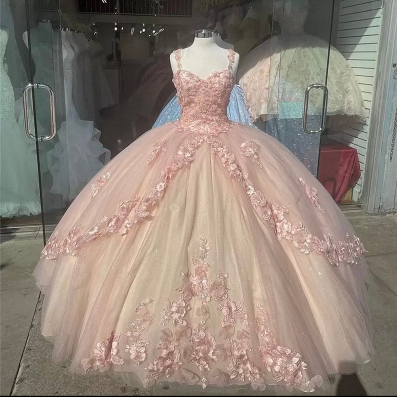 Cheap Spaghetti Straps Blush Pink 3D Flowers Quinceanera Dress Court Train - Click Image to Close