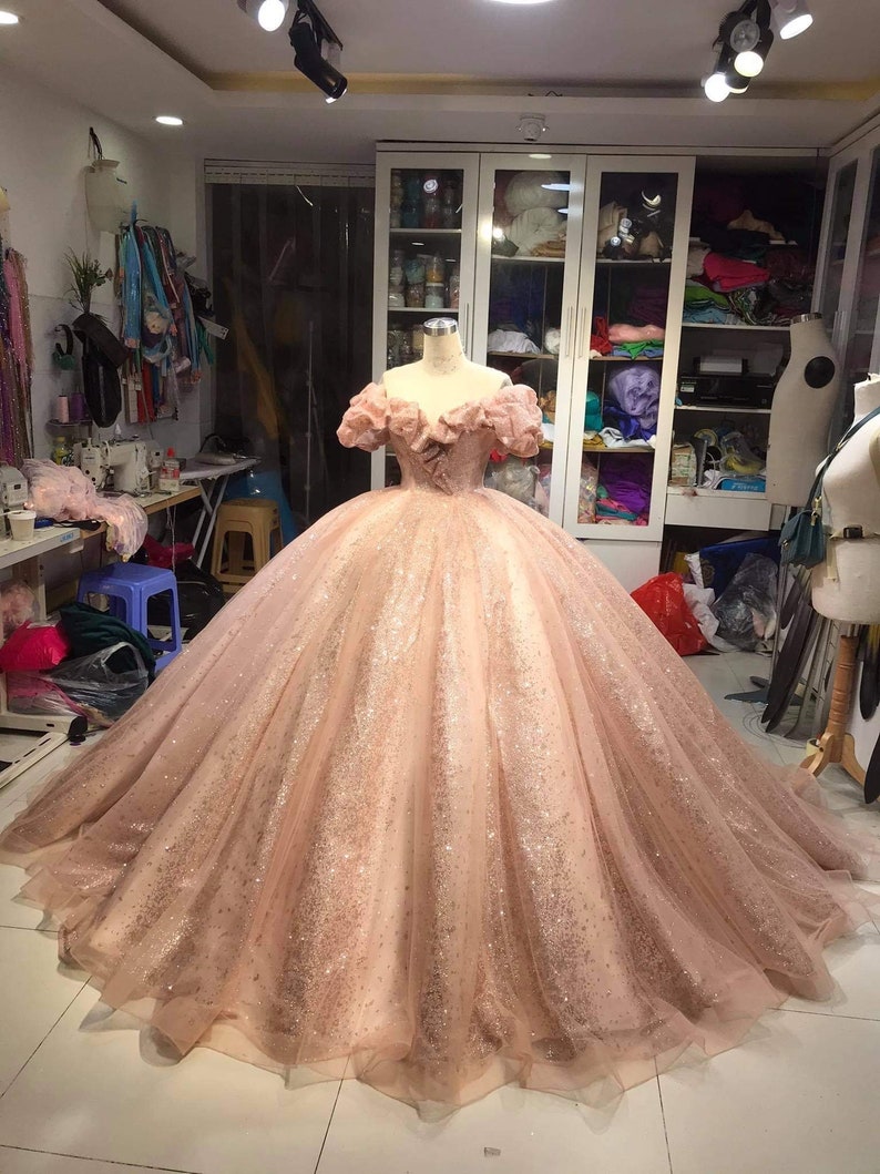 Bubble Off Shoulder Glitter Tulle Rose Gold Puffy Ball Gown For Quinceanera 15th Event Birthday - Click Image to Close