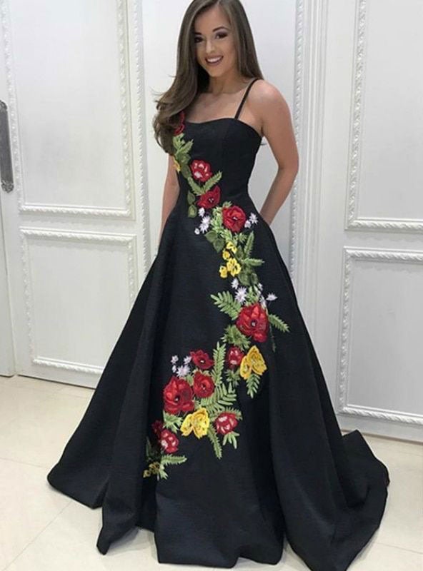 Spaghetti Straps Colorful Flowers Black Floral Prom Formal Dress - Click Image to Close
