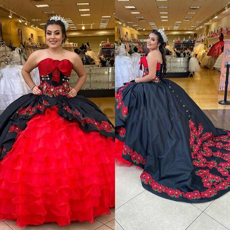 Strapless Charro Rose Flowers Ruffles Court Train Quinceanera Dress For Sweet 15 Party - Click Image to Close