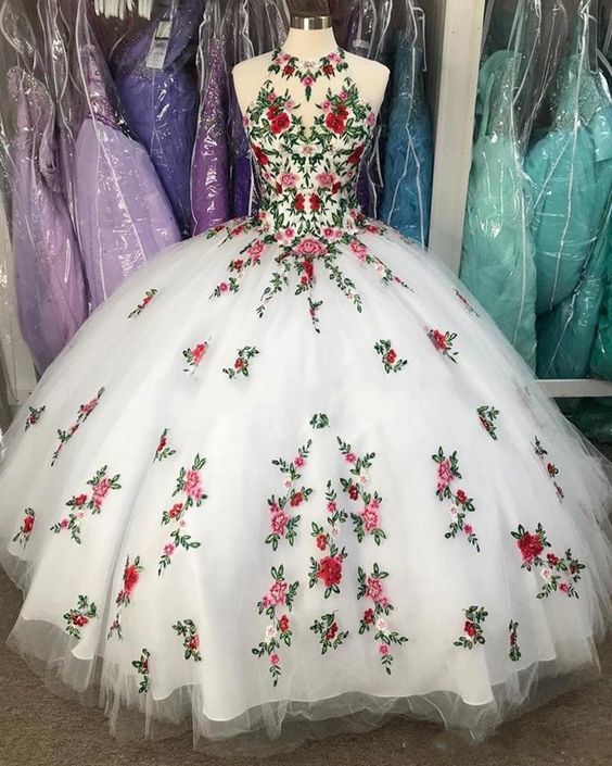 High Collar Floral Applique White Quinceanera Dress Sweet 16 Party Event 2023 - Click Image to Close
