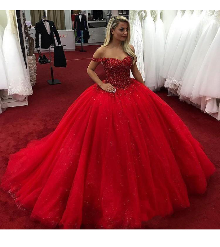 Designer Beaded Bodice Petticoat Puffy Glitter Tulle Quinceanera Dress Red - Click Image to Close