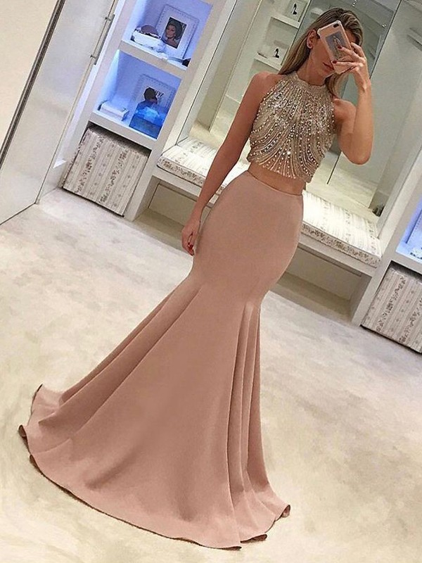 Thick Spandex Giltter Bodice 2 Pieces Show Waist Pleats Mermaid Skirt Evening Gowns - Click Image to Close