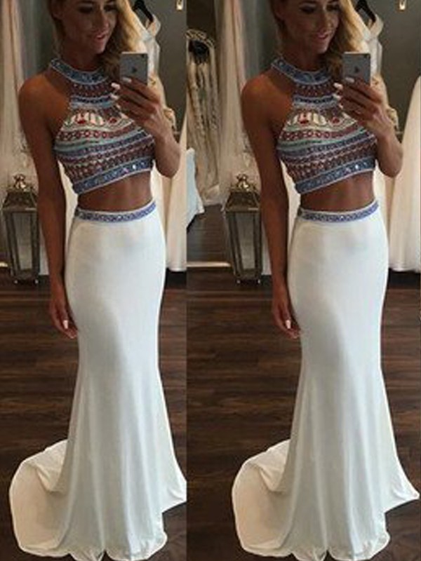 Sexy High Neck Sheer Crystal Bodice 2 Pieces White Prom Dress Brush Train - Click Image to Close