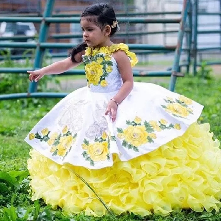 Straps Yellow Organza Ruffle 3D Flowers Embroidery Flower Girl Quinceanera Dress - Click Image to Close