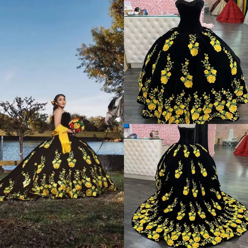 2023 Fantastic Floral Embroidered Appliques Quinceanera Dressses Black Meixcan Style - Click Image to Close