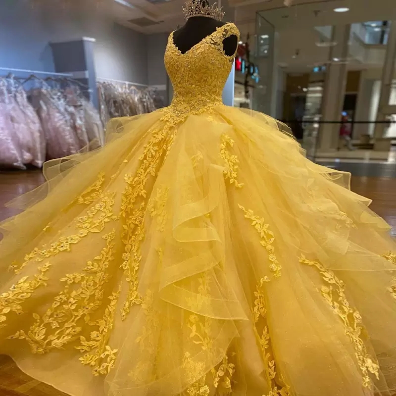 Pretty Applique Decorated V Neckline Bright Yellow Quinceanera Dress Horsehair Ruffles - Click Image to Close