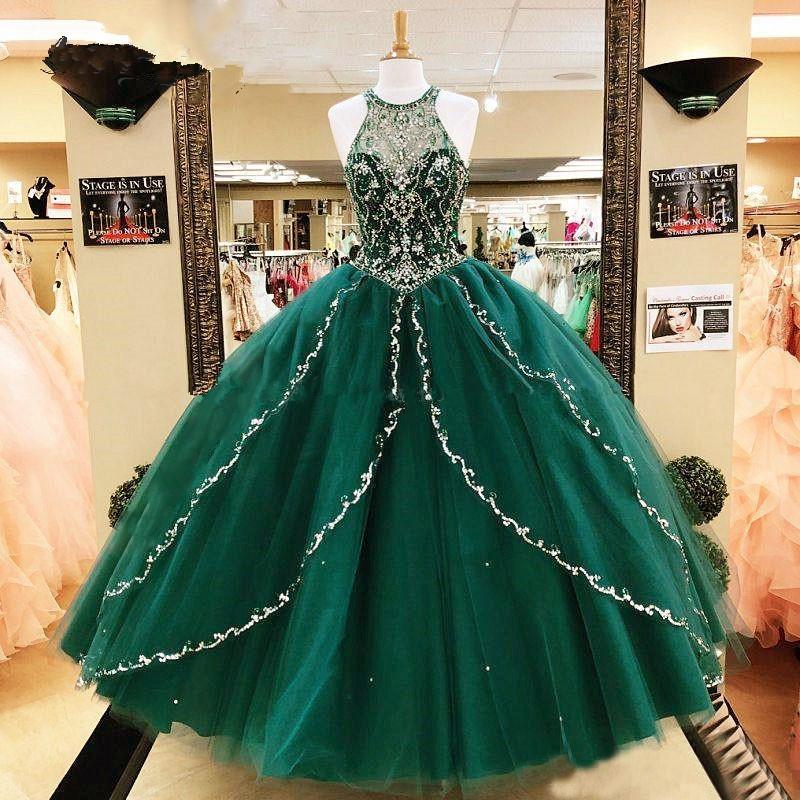 High Neckline Fully Sparkle Beading Emerald Green Ball Gown For Sweet 15 Event - Click Image to Close