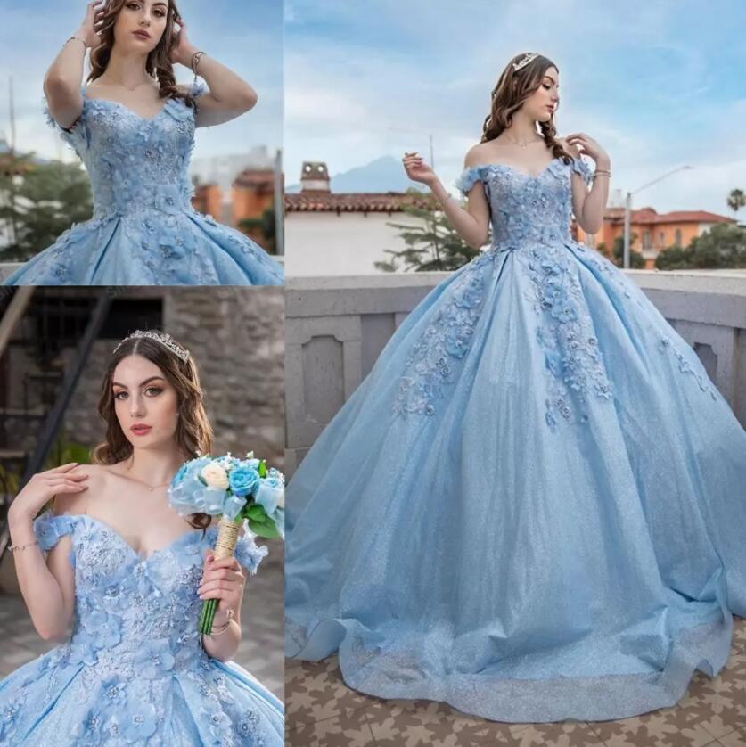 Light Blue Off Shoulder 3D Flower Brilliant Quinceanera Event Ball Gown For 15th Birthday - Click Image to Close