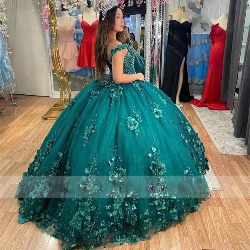Beautiful Deep Green 3D Flowers Adorned Quinceanera Dress With ...