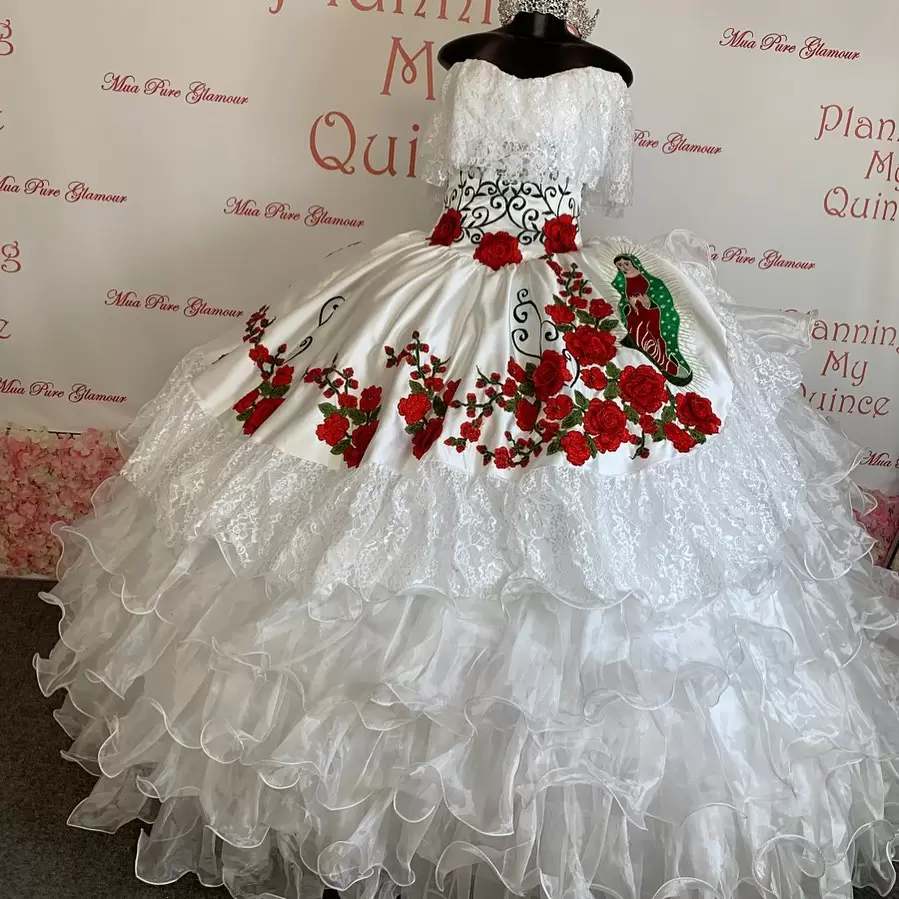 Virgin Mary Embroidery and Rose Flowers Layered Quinceanera Dress Lace - Click Image to Close