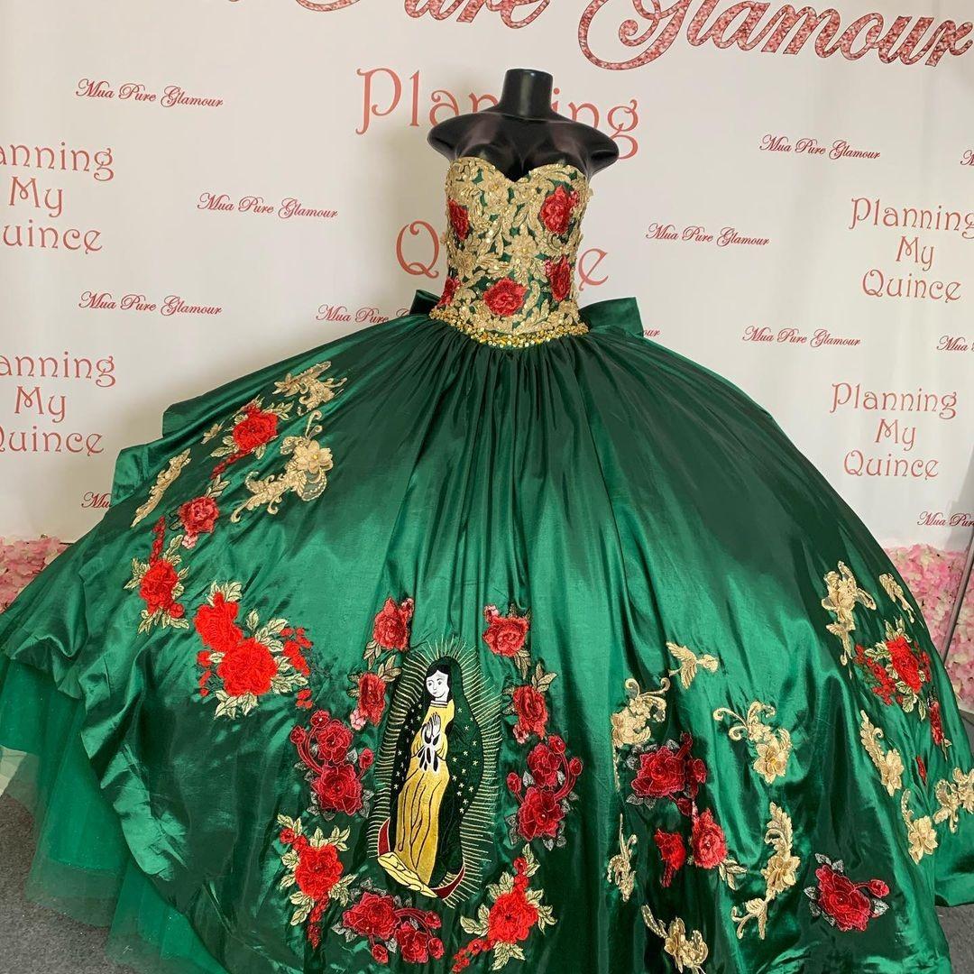 Strapless Virgin Mary Embroidery Charro Mexican Green Quinceanera Dress Exhibition - Click Image to Close