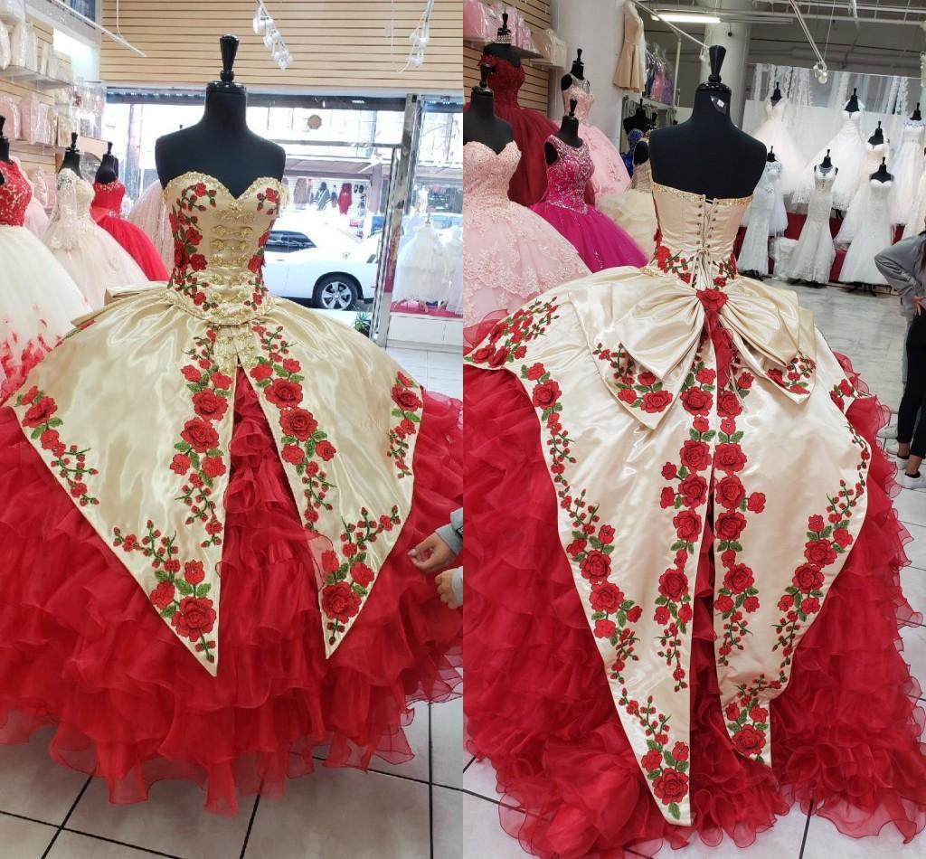 Beautiful Sweetheart Champagne and Red 3D Flowers Charro Quinceanera Dress With Ruffles - Click Image to Close