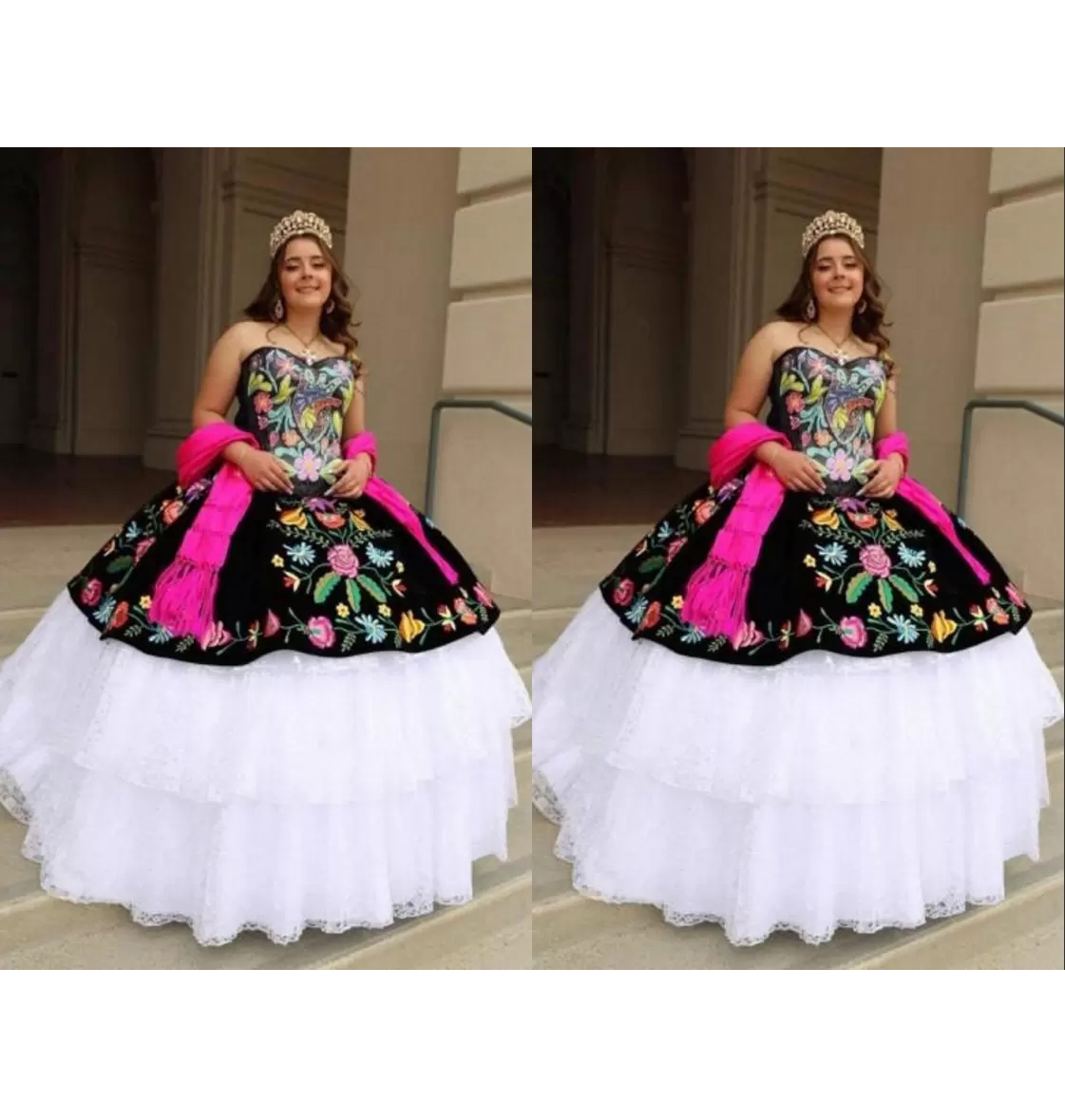 Embroidery Charro Quinceanera Dress Anos Vestido Layered Lace Puffy Skirt - Click Image to Close