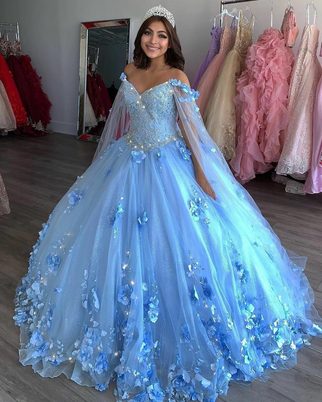 Attractive Crowd 3D Flowers Baby Blue Quinceanera Dress XV Party Instagram - Click Image to Close