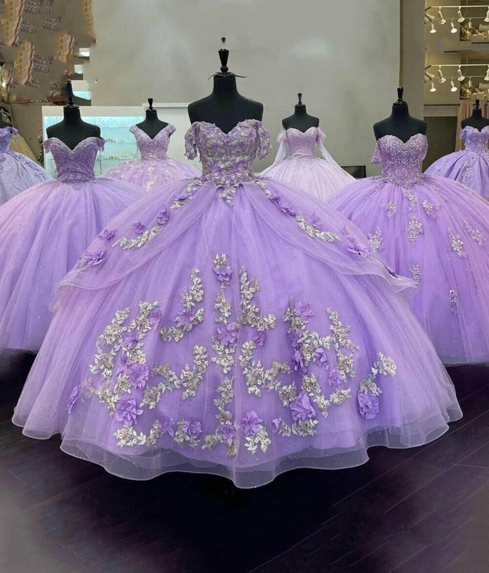 Off Shoulder Lavender 3D Flowers and Applique Quinceanera Dress Elegant - Click Image to Close