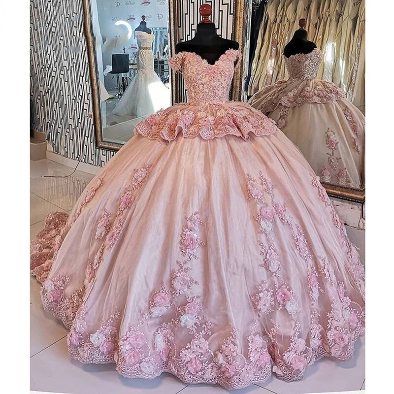 3D Flowers and Applique Decorated Quinceanera Dress High Low Peplum - Click Image to Close