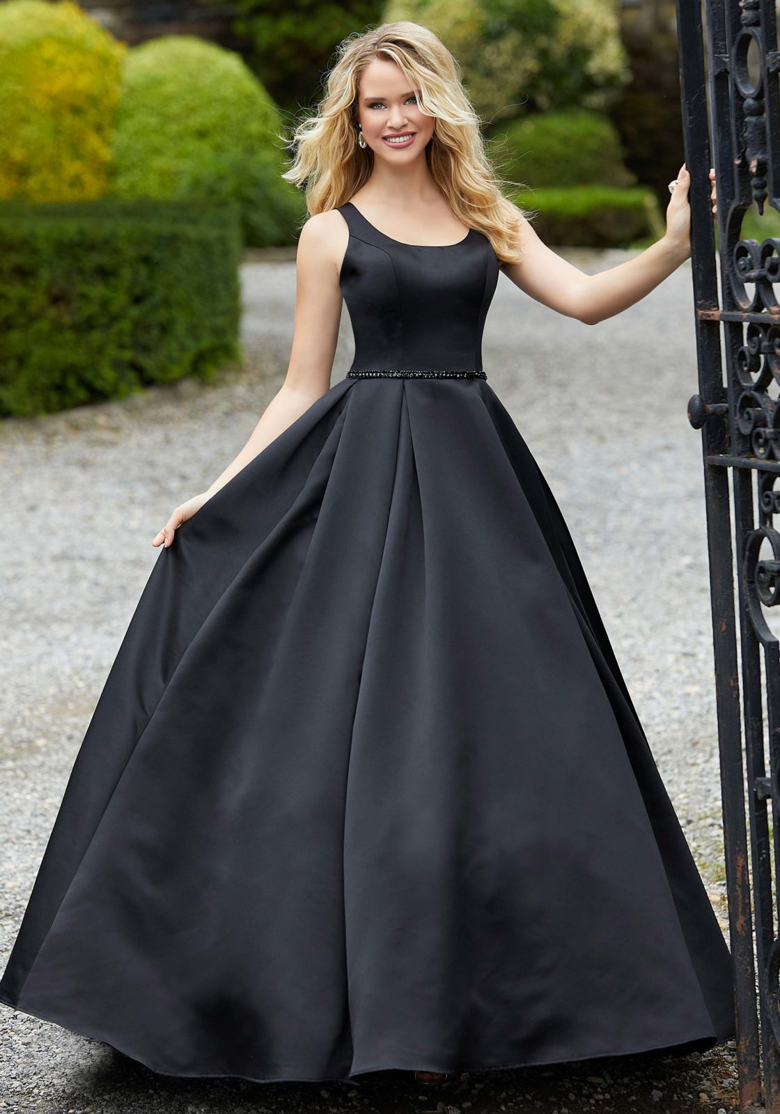 Modest Black Satin Beaded Waistline Ruched Skirt Formal Prom Lady Dress - Click Image to Close
