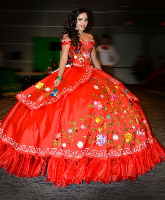 Emboidery Off Shoulder Charro Mexico Insignia Quinceanera Dress Red - Click Image to Close