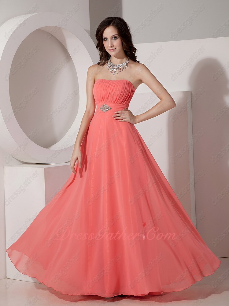 Strapless Watermelon Chiffon Corset Back Bridesmaid Dresses Crystals Decorate Wasitline - Click Image to Close