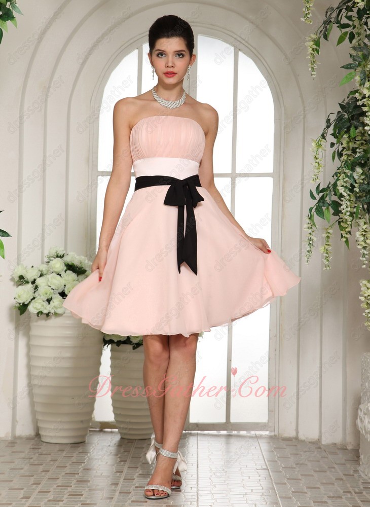 Nifty Strapless Blush Chiffon Mini Skirt Bridesmaid Dress With Black Belt - Click Image to Close