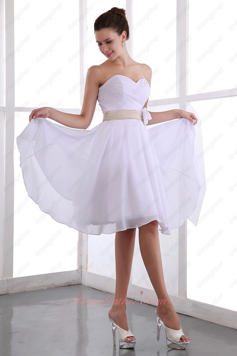 Crossed Pleating Knee Length Chiffon Skirt Bridesmaid Dress White With Champagne Belt - Click Image to Close