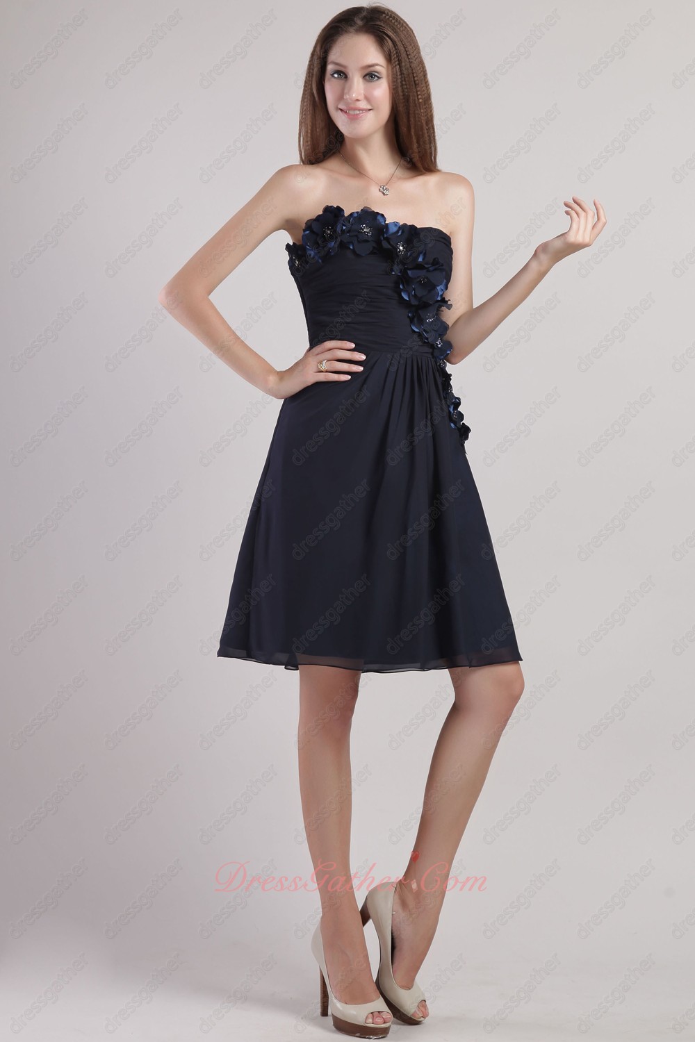Strapless Mini-length Bridesmaid Group Short Black Dress 3D Flowers Decorate Under 80 - Click Image to Close