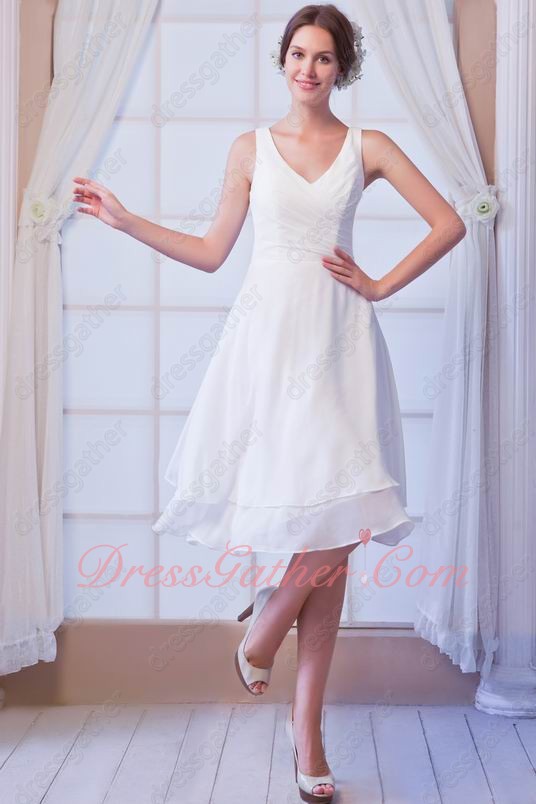 Foil The Bride Simple Style White Chiffon V-Neck Two Layers Skirt Bridesmaid Dress - Click Image to Close