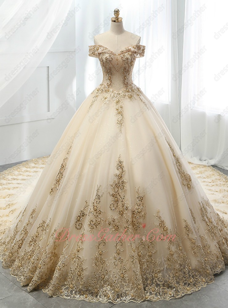 Off Shoulder Cathedral Train Champagne Wedding Bridal Ball Gown Luxurious Lacework - Click Image to Close