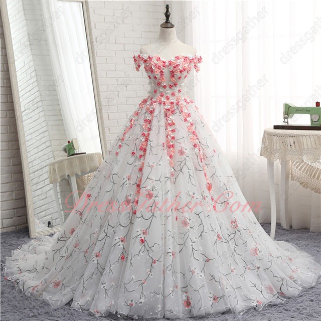 Fairy Forest Series White Tulle 3D Flowers Cathedral Train Ball Gown Plum Blossom Lace - Click Image to Close