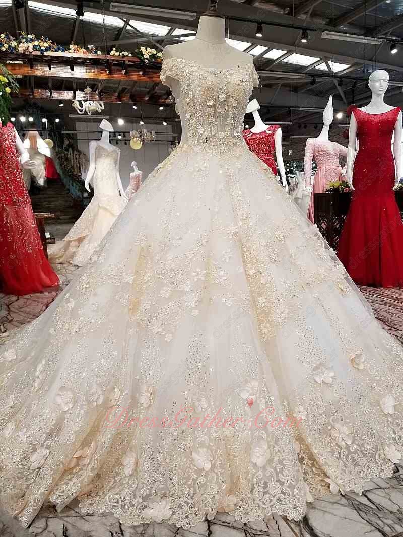 Off Shoulder Champagne 3D Flowers Cathedral Train Wedding Bridal Gowns Extravagant - Click Image to Close