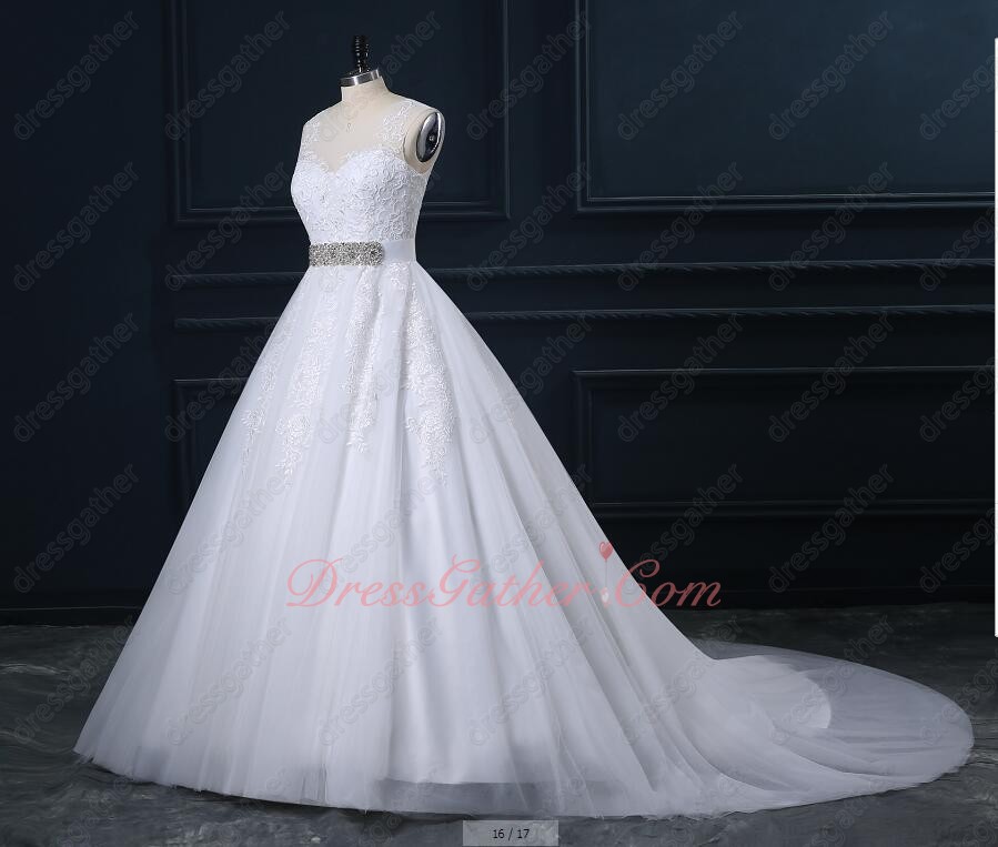 White Appliques Cathedral Train Puffy Bridal Ball Gown Rhinestone Sash On Sale - Click Image to Close