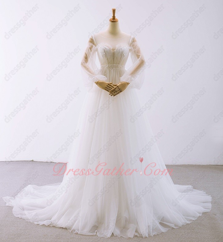 Empire Waist Sheer Scoop Neck Long Puffy Bubble Sleeves Wedding Bridal Dress Elegant - Click Image to Close