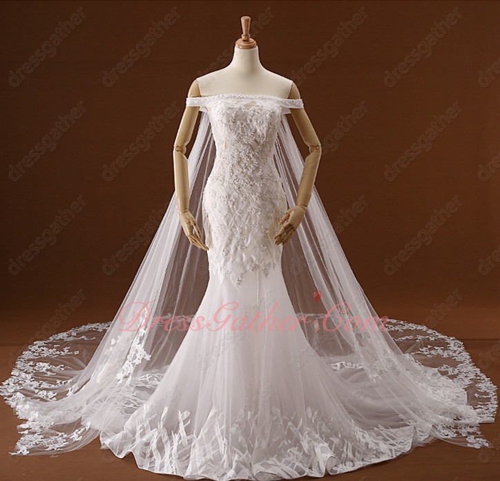 Flat Shoulder Tree Pattern Lace Pure White Wedding Bridal Dress and Mantle Detachable - Click Image to Close