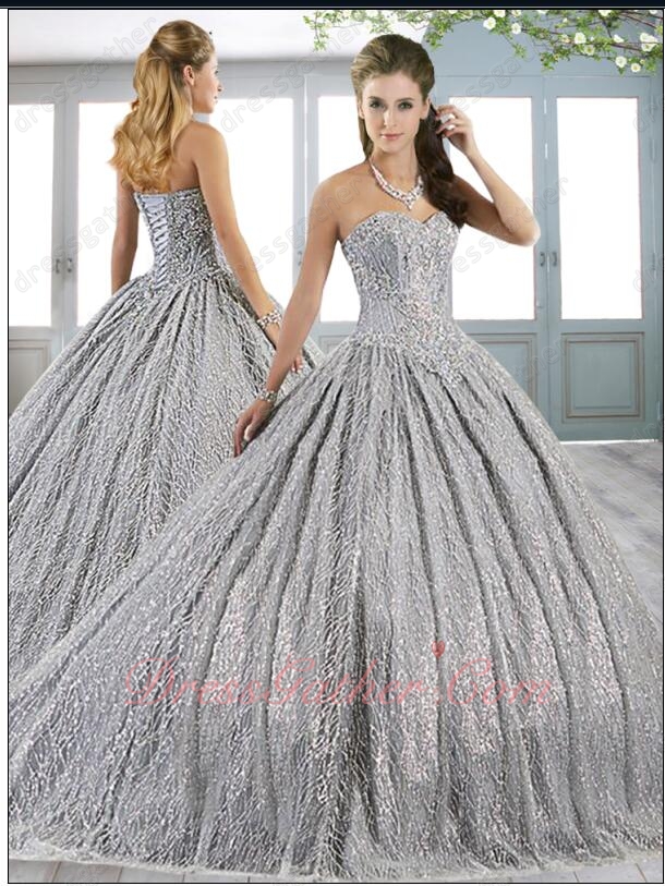 Beaded Sweetheart Bodice Sparkling Wave Lace Silver Quinceanera Ball Gown Little Train - Click Image to Close
