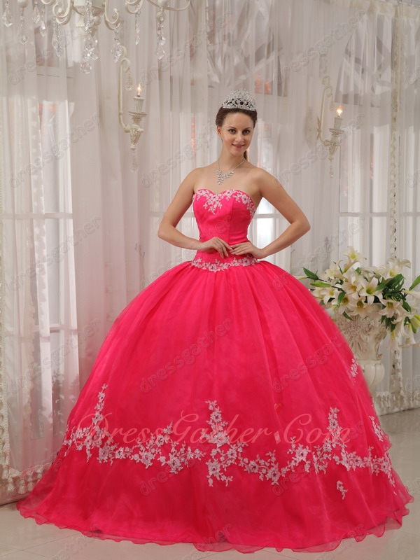 Fit and Flare Deep Coral Red Crossed Layers Back Quinceanera Dress Off-White Applique - Click Image to Close
