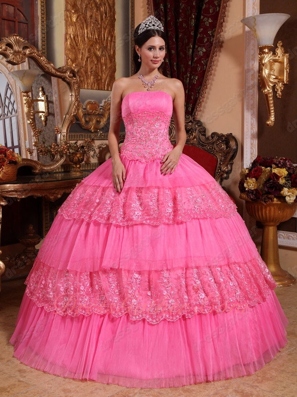 Rose Pink Women Quince Evening Ball Gown Pin-tuck/Lacework Alternate Layers Cake Skirt - Click Image to Close