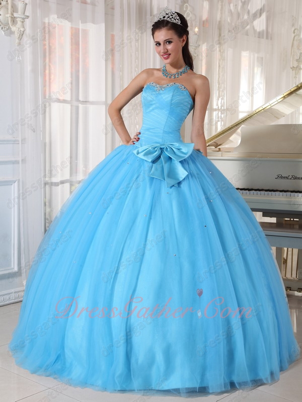 Young Girls Wear Aqua Blue Gauze Flat Quinceanera Ball Gown Waistline With Bowknot - Click Image to Close