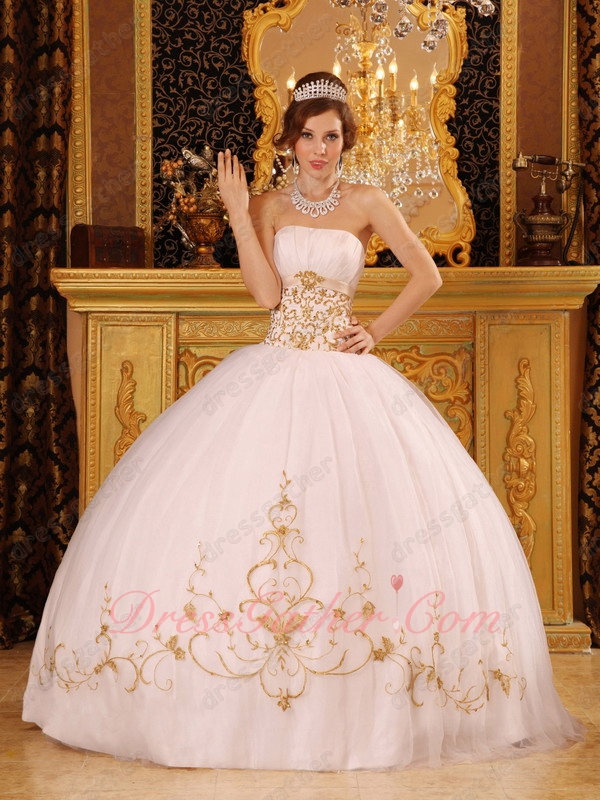 Fitted Ancient Palace Puffy Layers Mesh White Military Ball Dress With Gold Embroidery - Click Image to Close