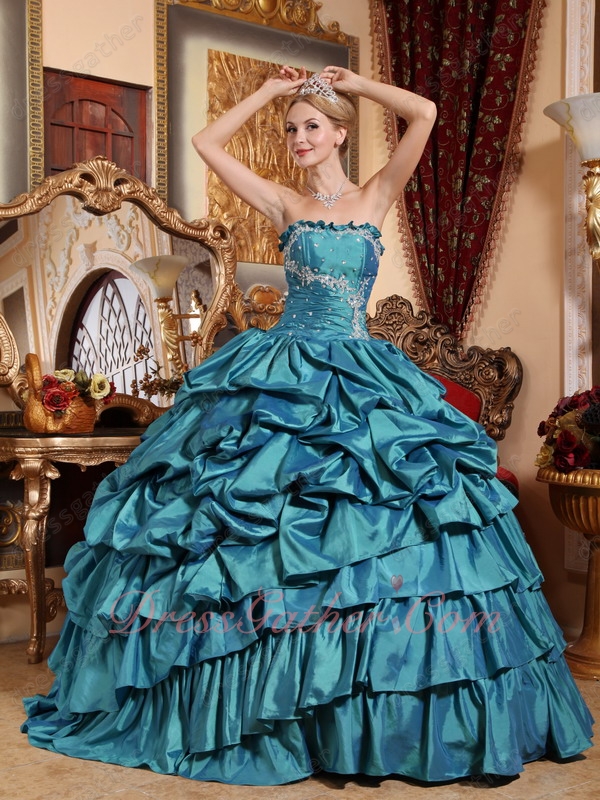 Teal Blue Oblique Bubble and Layers Taffeta Skirt Evening Ball Dresses Old Fashion - Click Image to Close