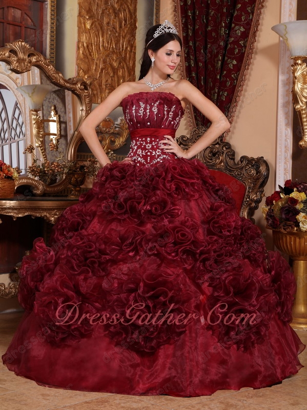 Basque Waist Burgundy Rolled Organza Flowers Skirt Quinceanera Ball Gown Casual - Click Image to Close