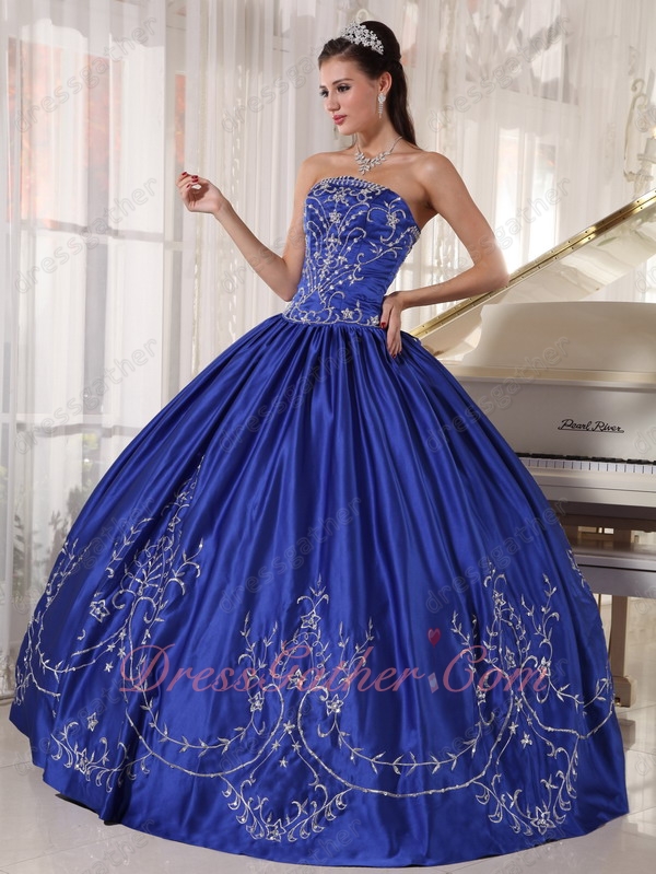 Western Natural Waist Silver Embroidery Quinceanera Dress Royal Blue Strapless - Click Image to Close