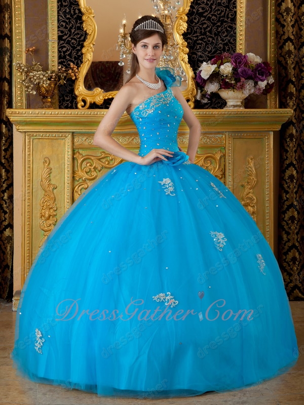 Azure Sky Blue Mesh Fluffy Quinceanera Ball Gown With One Shoulder Flouncing Strap - Click Image to Close