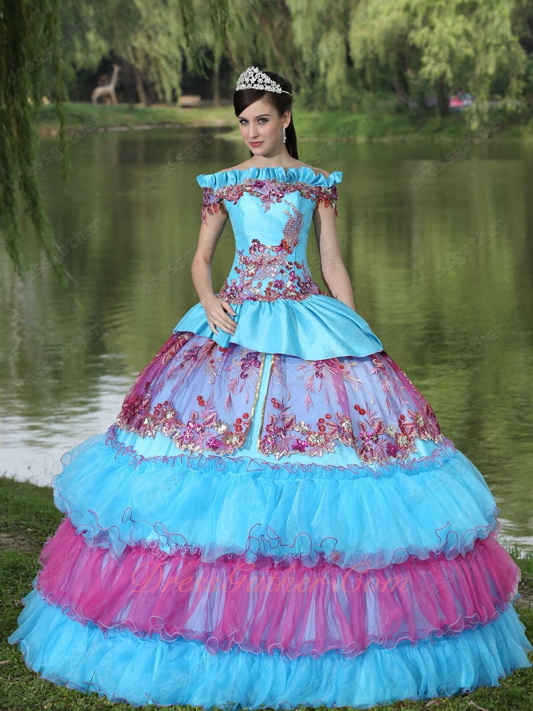 Exclusive Off Shoulder Appliques Cakes Ball Gown Quinceanera Dress Aqua - Click Image to Close