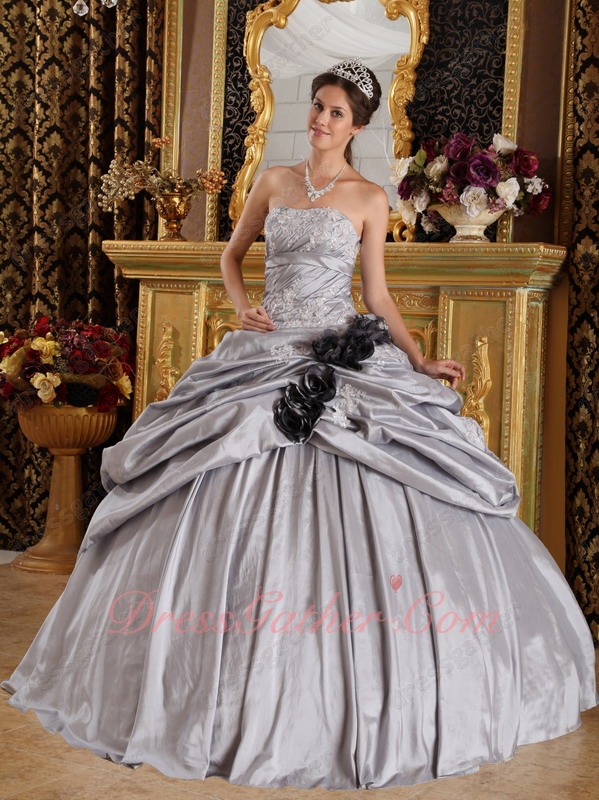 Half Bubble Half Flat Quince Gown Dress Silver Gray Taffeta With Black Handmade Flowers - Click Image to Close