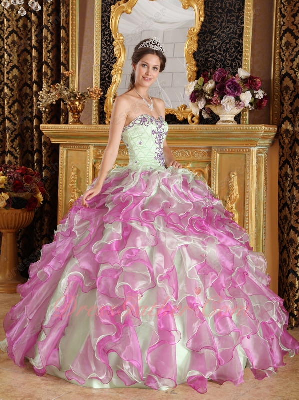 Mauve/Mint Green Mingled Ruffles Quinceanera Ball Gown Wholesale Manufacture - Click Image to Close