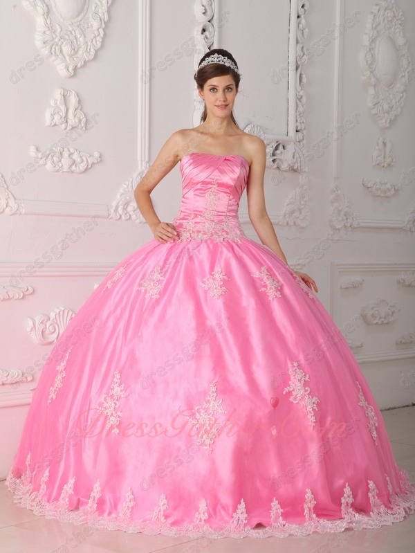 Lovely Strapless Lace Applique Rose Pink Ball Gown Floor Length With Tulle - Click Image to Close